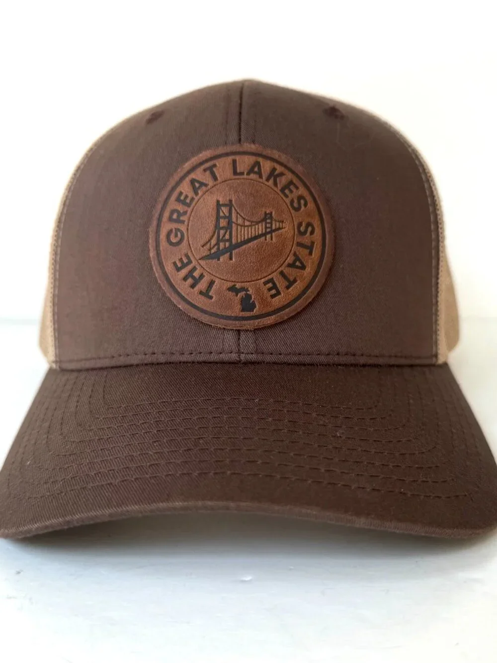 Vtg Yupoong The Great Lakes State Trucker Hat Mesh Snapback Leather Patch Khaki
